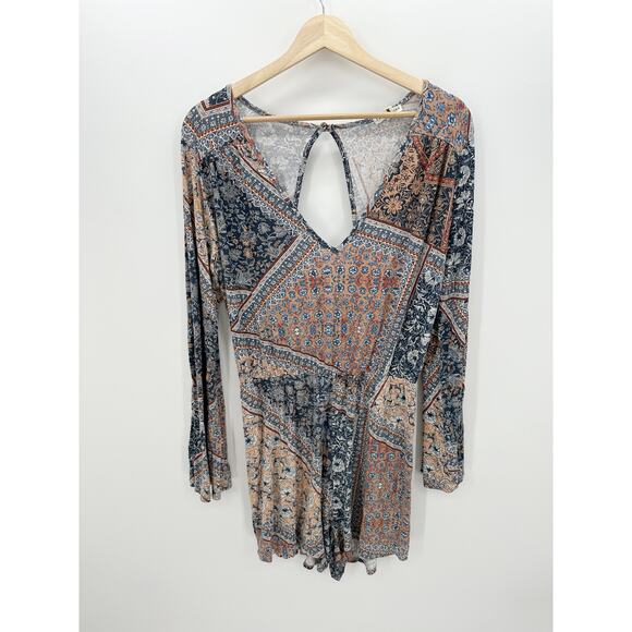 Earthbound Trading Co Pants - Earthbound Trading Co Blue Tan Floral Long Sleeve Romper Open Back Boho Women XL